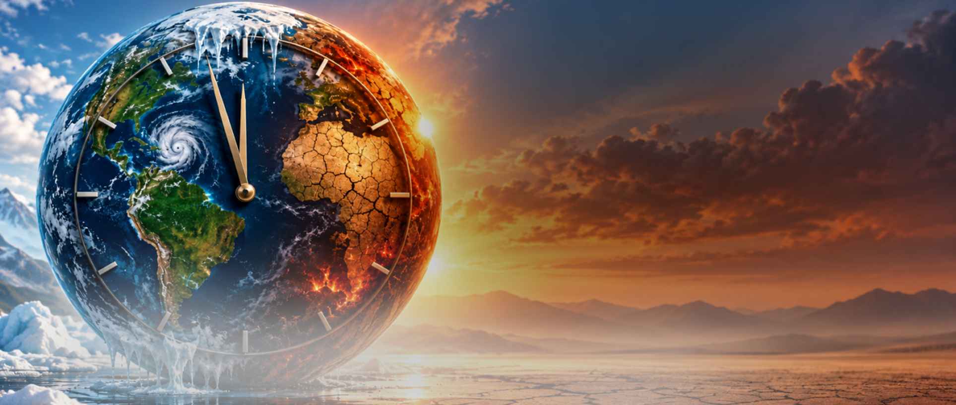 A climate globe with a clock face, icy landscape and warm sunset sky