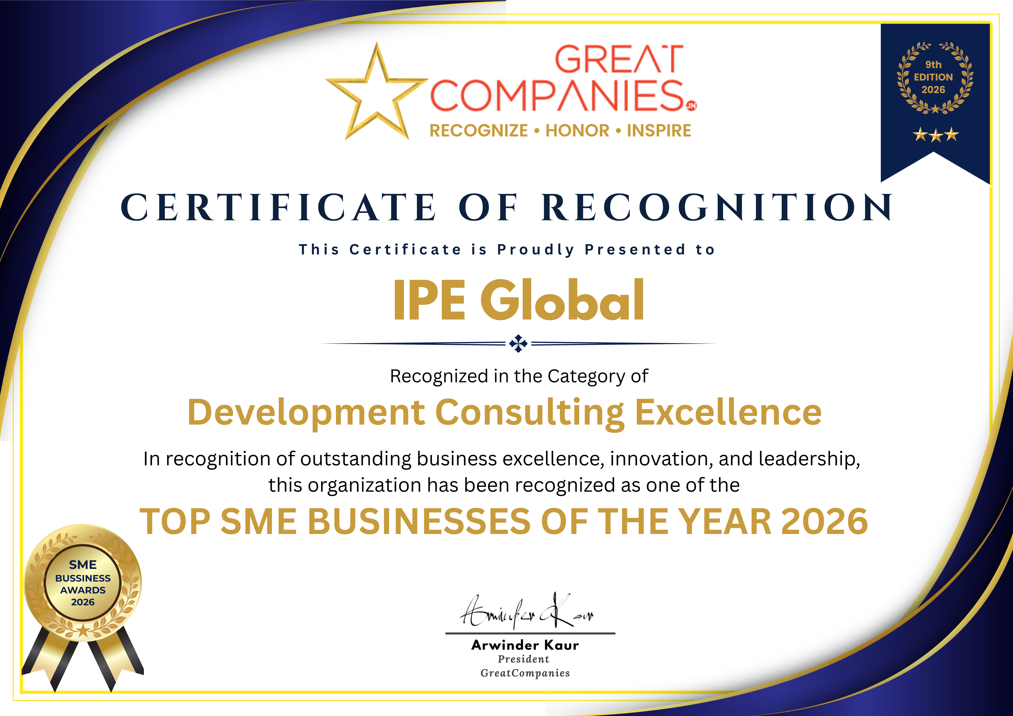 IPE Global - Certificate 9th SME Business Award 2026