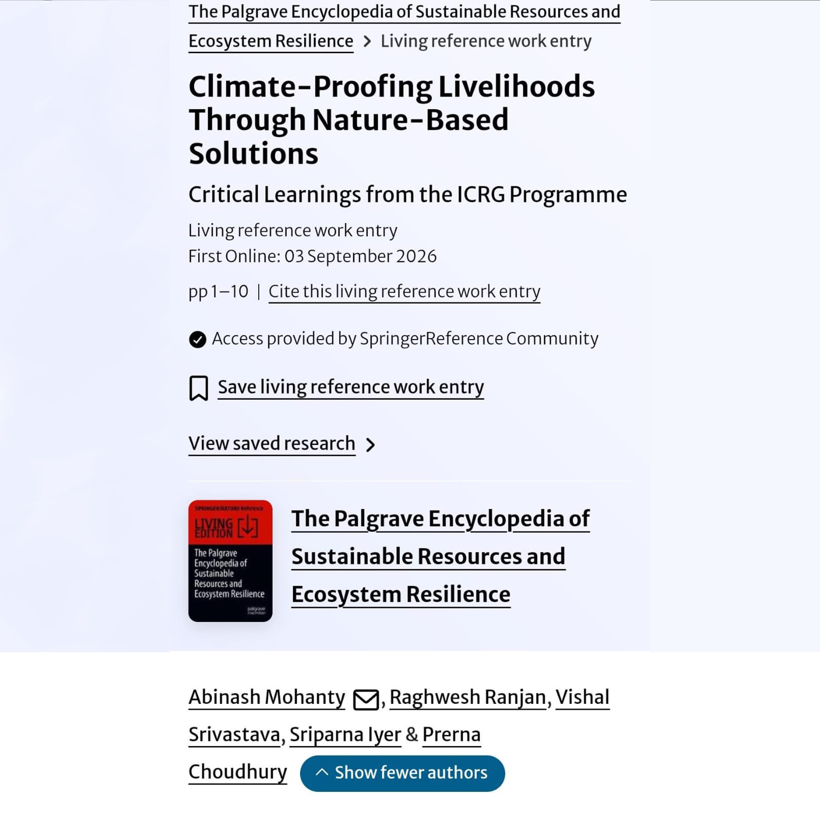 Our Peer-reviewed Research on Climate-Proofing Livelihoods through NbS Published by Springer Nature